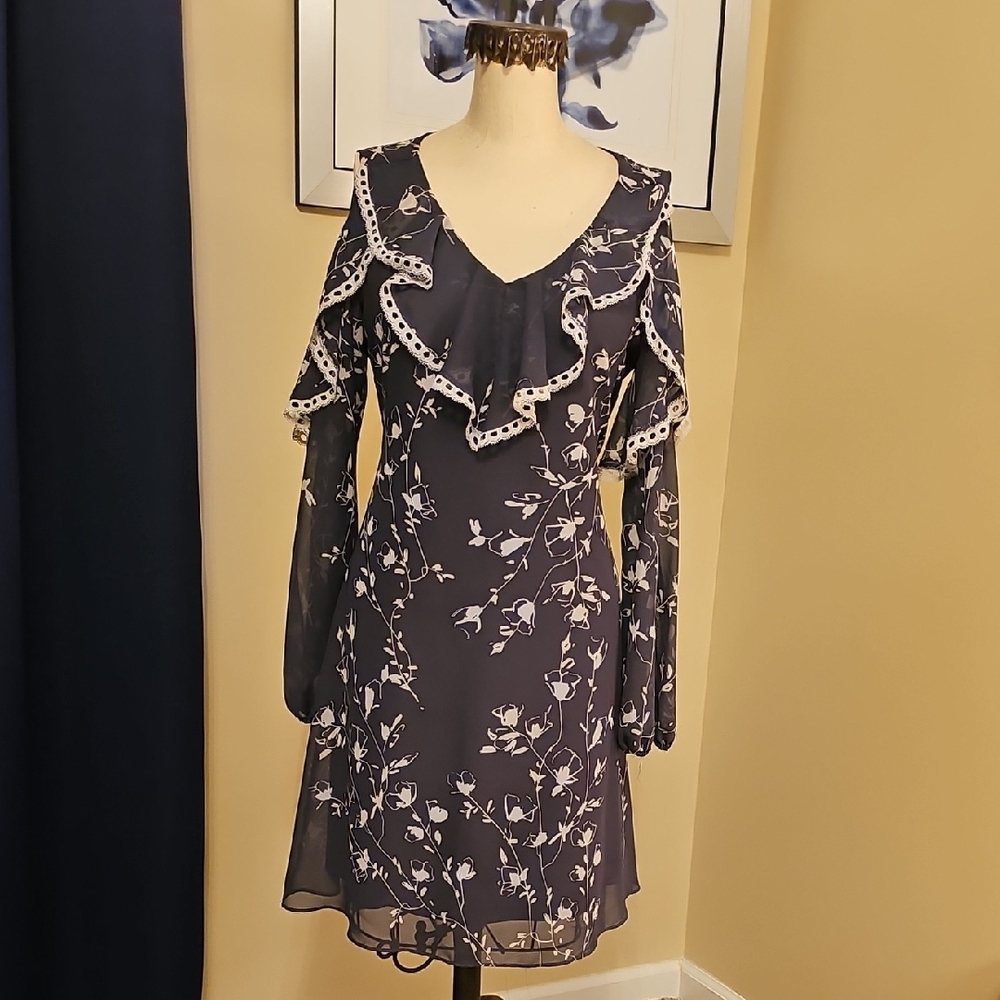 Taylor Midnight Blue Floral Long Sleeve Dress
